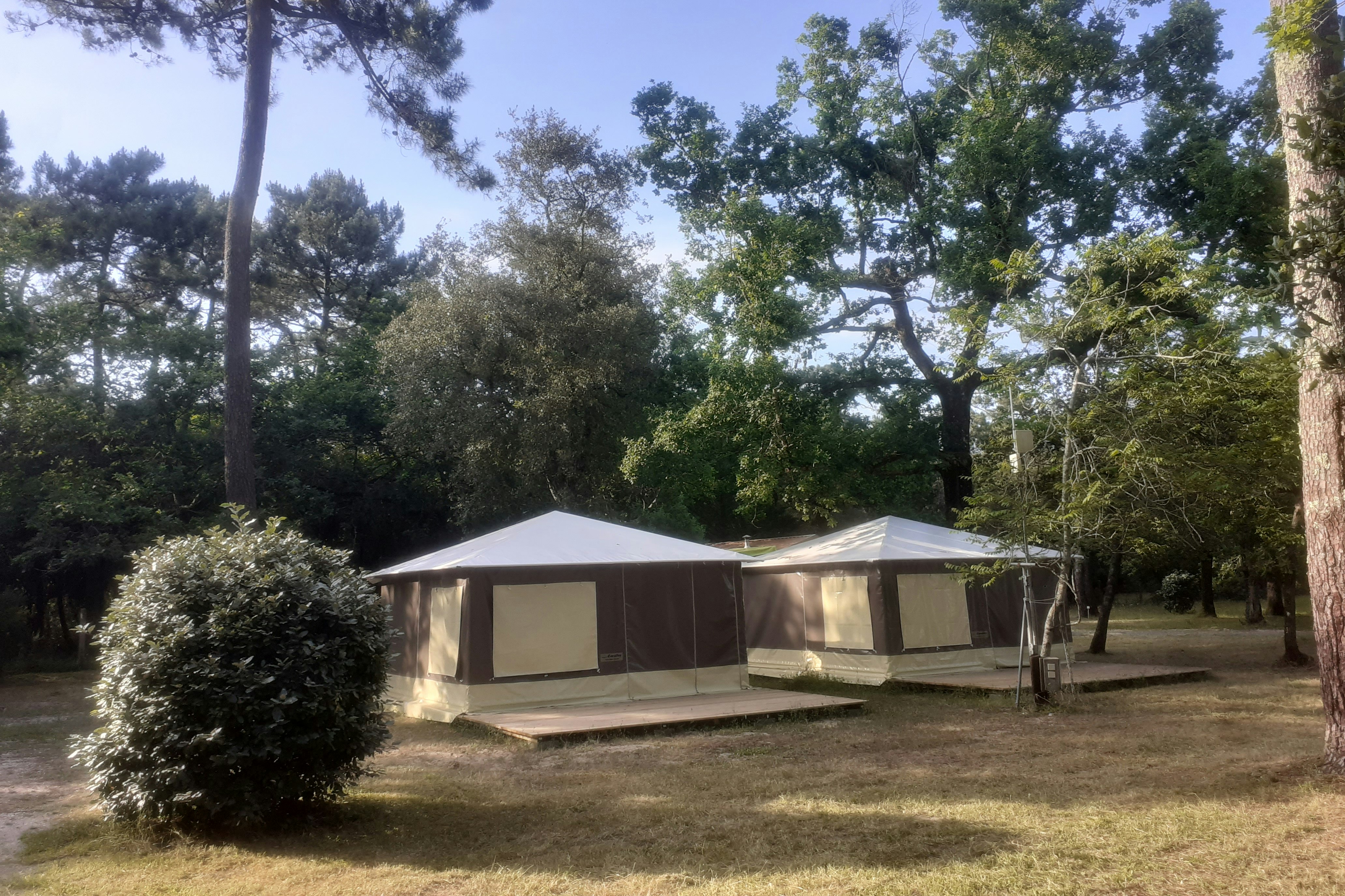 Camping Le Royannais Zelt-Bungalows mit kleiner Terrasse im Grünen, teilweise unter Bäumen im Halbschatten