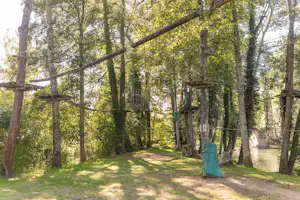 Waldweg im Campingbereich mit Seilbahn-Elementen, Holzpfosten, grüner Schutzhülle und Bäumen am Rand eines Gewässers.