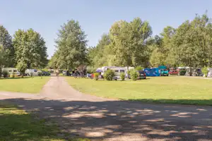 Campingplatz mit Wohnmobilen und Wohnwagen entlang eines breiten Wegs, umgeben von Bäumen und Rasenflächen.
