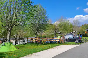 Grünes Zelt auf dem Campingplatz, daneben Autos und Fahrräder, hinter einem Holzzaun Bäume und Hecken.