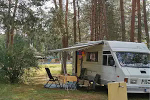 Wohnmobil am Campingplatz im Wald mit Markise, Campingstühlen und Tisch vor dem Eingang.