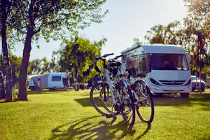 Camping Leśny (Nr. 51) - Wohnwagen- und Zeltstellplatz mit zwei geparkten Fahrrädern im Vordergrund