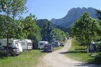 Camping Les 4 Saisons - Strasse auf dem Campingplatz mit Stellplätzen an beiden Seiten