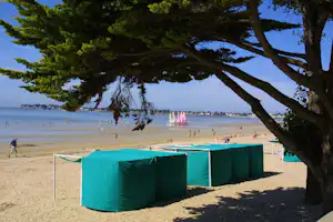 Zelt am Strand unter großen Bäumen, Blick auf das Meer und Spaziergänger am Ufer.