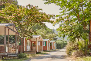 Camping Les Albères - Mobilheime aus Holz unter blühenden Bäumen