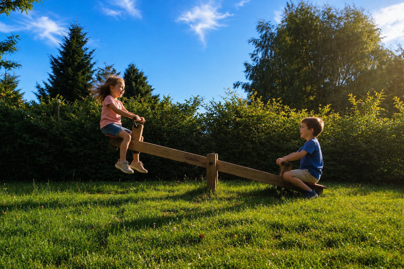 Kinder spielen am Holzzaun auf einer grünen Wiese, umgeben von Bäumen und Sträuchern bei blauem Himmel.