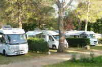 Camping Les Blimouses - Wohnmobile auf Stellplätzen unter Bäumen