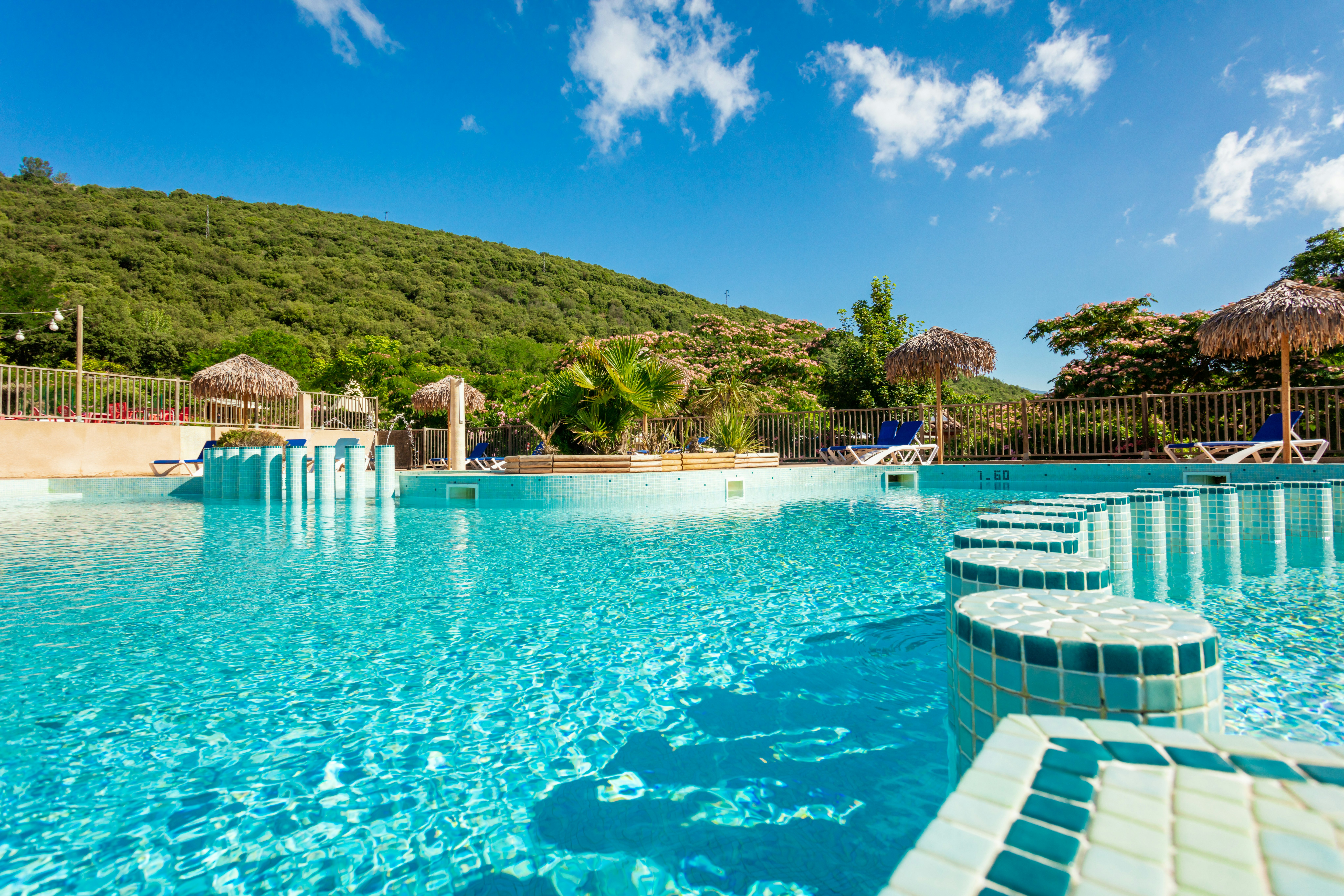 Camping Les Cerisiers du Jaur  - Pool im Freien mit Liegestühlen und Sonnenschirmen