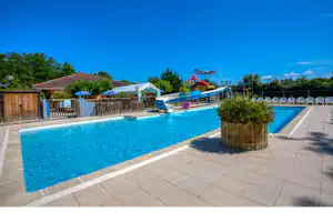 Schwimmbad mit blauem Wasser, Liegen und Sonnenschirmen am Campingplatz, gepflasterte Terrasse, Holzfassade und Bäume im Hintergrund.