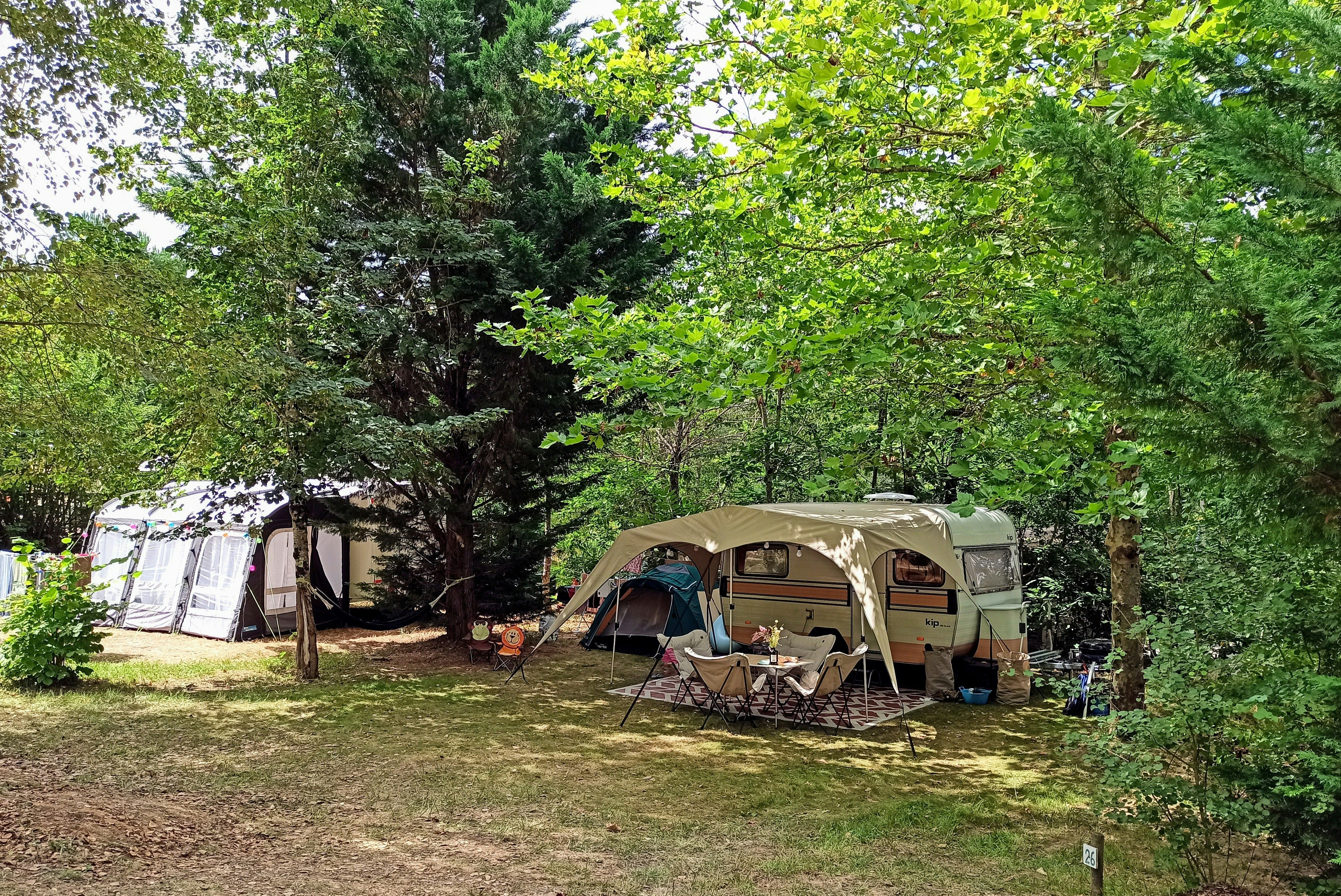 Camping Les Charmes - Standplätze zwischen den Bäumen auf dem Campingplatz