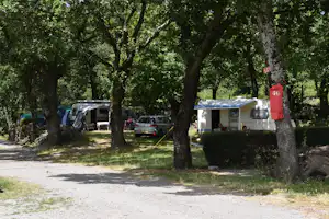 Campingplatz mit Wohnwagen und Autos unter großen Bäumen, Rasenfläche und Schattendach am Stellplatz.