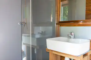 Modernes Badezimmer mit weißem Waschbecken auf Holzplatte und Dusche mit Glastür, im Hintergrund Fensterblick ins Grüne.