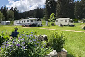 Wohnwagen auf einem Campingplatz auf einer Wiese, mit Blumenbeeten, Bäumen und Wald im Hintergrund.