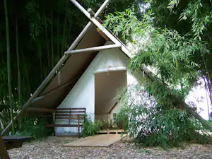 Zelt auf einem Kiesplatz am Campingplatz, mit Holzbank und Leiter, umgeben von dichtem Wald und Bambus.