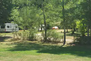 Wohnmobil und Zelt auf einem Campingplatz im Grünen, umgeben von Bäumen und einem eingezäunten Bereich.