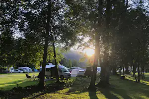 Campingplatz im lichten Wald: Wohnmobile und Zelte stehen auf dem Rasen, im Vordergrund ein Campingstuhl.