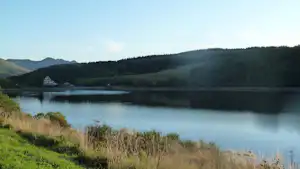 Ruhiger See mit Ufergras, dahinter Wald und Hügel, im Hintergrund ein kleines Gebäude am Seeufer.