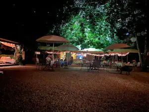 Camping-Terrasse am Abend mit mehreren Tischen und Stühlen unter großen Sonnenschirmen, im Hintergrund Bäume und Beleuchtung.