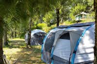 Camping Les Fauvettes - Grüner Zeltplatz im Schatten der Bäume auf dem Campingplatz