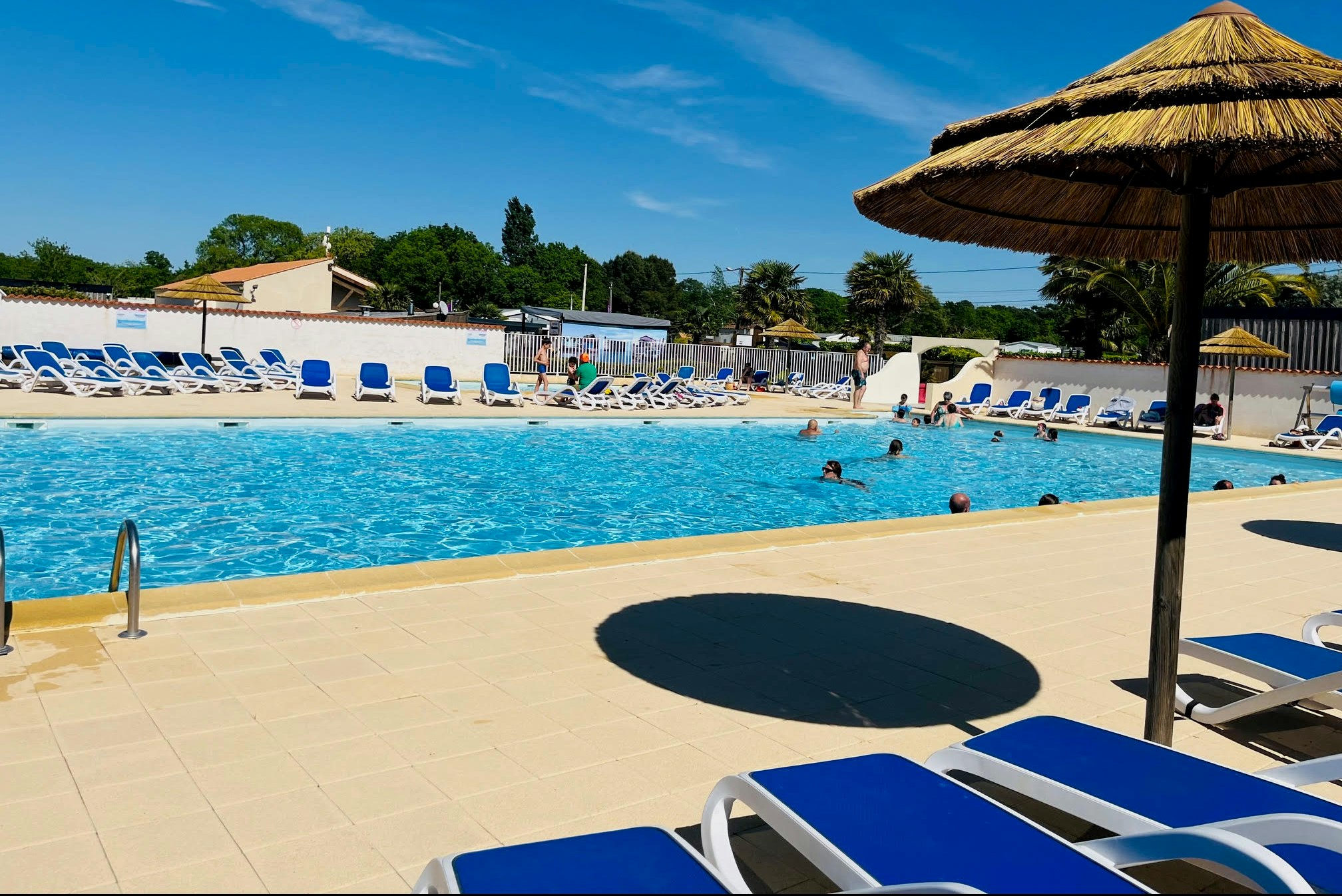 Blauer Pool mit Liegestühlen und Sonnenschirmen am Campingplatz, im Hintergrund Gebäude und Bäume unter klarem Himmel.