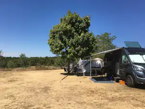 Wohnmobil mit Markise auf einem Campingplatz-Stellplatz, daneben Tisch und Stühle, im Hintergrund ein Baum und Wiese.
