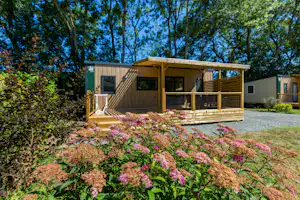 Holzbungalow mit Terrasse, Blumenbeeten und Sitzbereich, umgeben von Bäumen und einem Kiesweg auf dem Campingplatz.