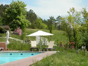 Pool am Campingplatz mit zwei Sonnenliegen unter Sonnenschirm, umgeben von Rasen, Bäumen und Blumenbeeten.