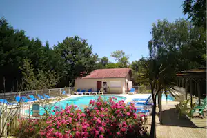 Schwimmbecken auf dem Campingplatz mit Blumenbeet, Holzterrasse und Blick auf ein kleines Gebäude im Grünen.