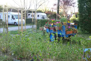 Wohnmobil auf dem Stellplatz, davor Blumenbeete mit bunten Pflanzen und Holzkisten, im Hintergrund Bäume und Hecken.