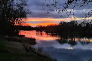 Sonnenuntergang am See mit Spiegelung im Wasser, Ufer mit Bäumen und Ästen im Vordergrund.