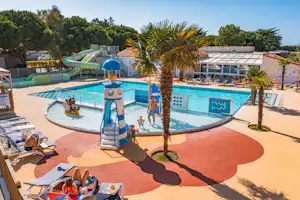 Familienpool mit Wasserrutsche, blauen Beckenbereichen und Sonnenschirmen, Liegen am Rand, Palmen und Bäume im Hintergrund.