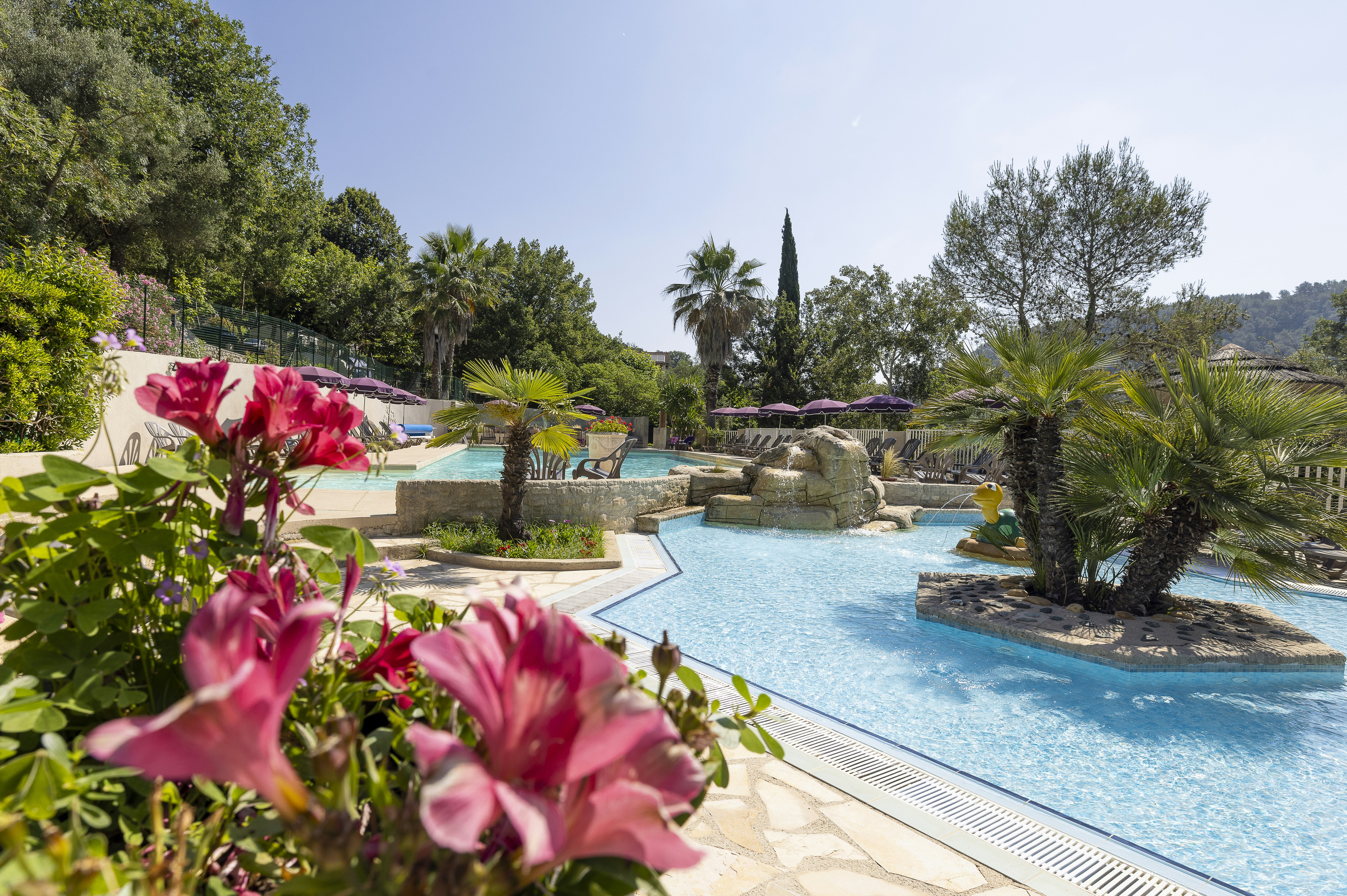 Blumen und Palmen vor einem Camping-Pool mit Liegen, Steinbecken und Wegen im Garten, umgeben von Bäumen und Hügeln.