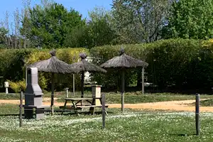 Überdachter Sitzbereich mit Strohdach und Holzbänken auf einem Campingplatz, umgeben von Büschen und Bäumen.