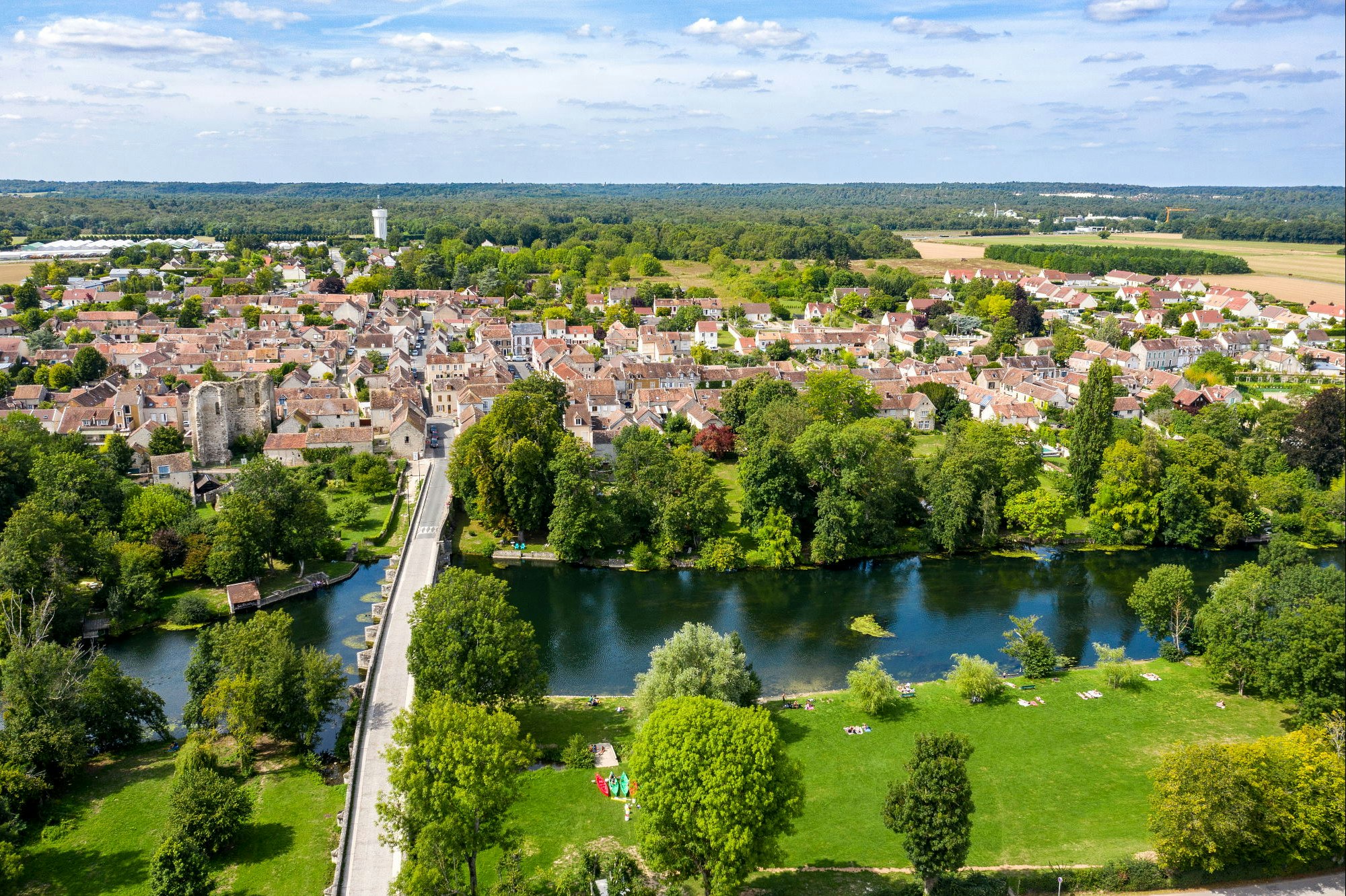 Blick auf einen See mit Ufergrün, dahinter eine Stadt und ein Flusslauf zwischen Bäumen und Häusern.