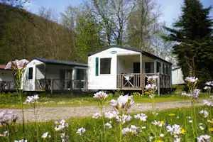 Mobilheim mit Terrasse und Holzgeländer, umgeben von Wiesenblumen und Bäumen im Campingbereich.