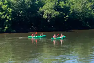 Zwei Paddelboote auf einem ruhigen See, dahinter dichter Wald mit grünen Bäumen.