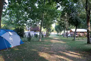 Camping Les Rives du Céou - Zeltwiese im Schatten der Bäume auf dem Campingplatz