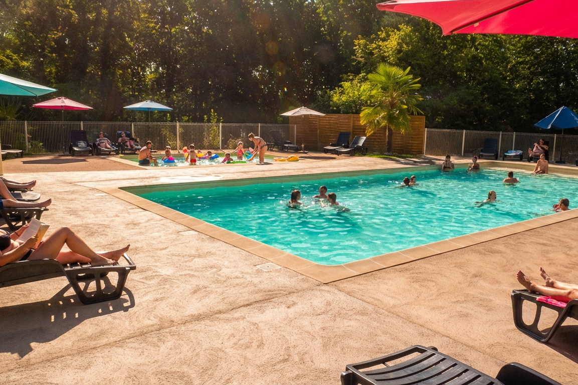 Camping les rives du lac  - Pool im Freien mit Liegestühlen und Sonnenschirmen