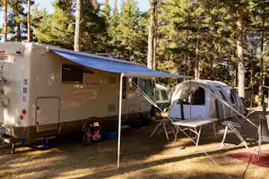 Wohnmobil mit Markise und Vorzelt, Campingstühle und Tisch auf dem Stellplatz im Wald zwischen hohen Bäumen.