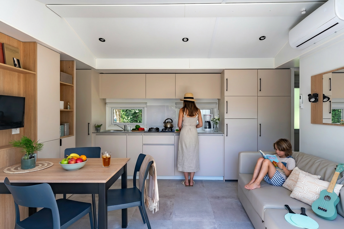 Camping L’Hippocampe  - Innenansicht eines Mobilheims mit Küche