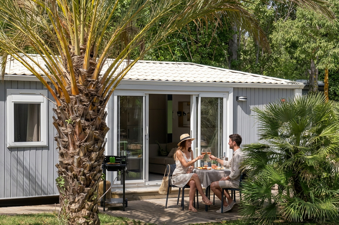 Camping L’Hippocampe - Camper sitzen am Tisch auf der Terrasse eines Mobilheims