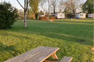 Camping l'Ile d'Amour - Standplatzwiese mit Mietunterkünften im Hintergrund