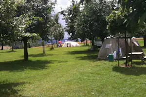 Campingplatz mit Zelt und Wohnwagen auf einer grünen Wiese, umgeben von Bäumen und einem kleinen Tisch unter einem Sonnenschirm.
