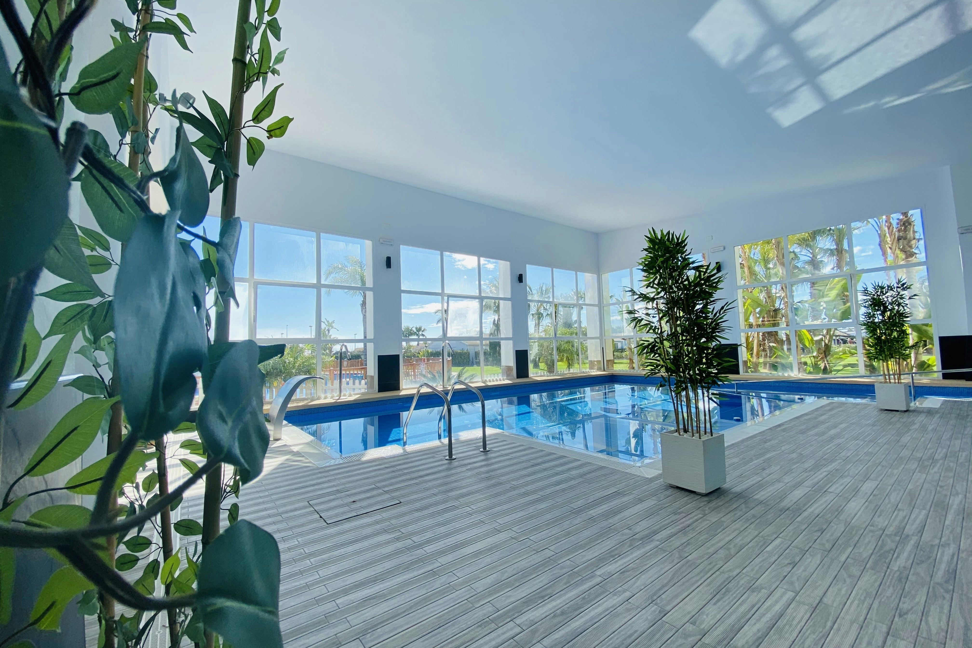Schwimmbecken auf einer Holzterrasse mit Glasfront, im Hintergrund Bäume und große Fenster im modernen Campinggebäude.