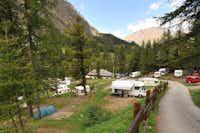 Camping Lo Stambecco  -  Wohnwagen- und Zeltstellplatz zwischen Bäumen mit Blick auf die Berge