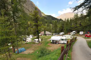 Camping Lo Stambecco - Wohnwagen- und Zeltstellplatz zwischen Bäumen mit Blick auf die Berge