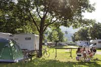 Camping Löwenhof - Wohnwagen- und Zeltstellplatz zwischen Bäumen mit Bergblick
