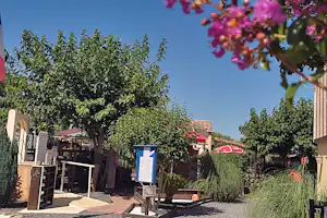 Terrasse am Campingplatz mit Sitzbereich, Pflanzenkübeln und Bäumen im Hintergrund, im Vordergrund blühende Sträucher.