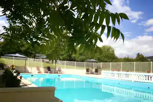 Blaues Camping-Poolbecken mit weißen Fliesen, Zaun und Bäumen im Hintergrund, Blick durch grünes Laub.