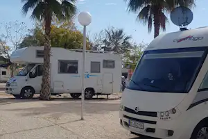 Zwei Wohnmobile auf einem Stellplatz, Palmen im Vordergrund und ein weißes Wohnmobil mit Frontscheinwerfern.
